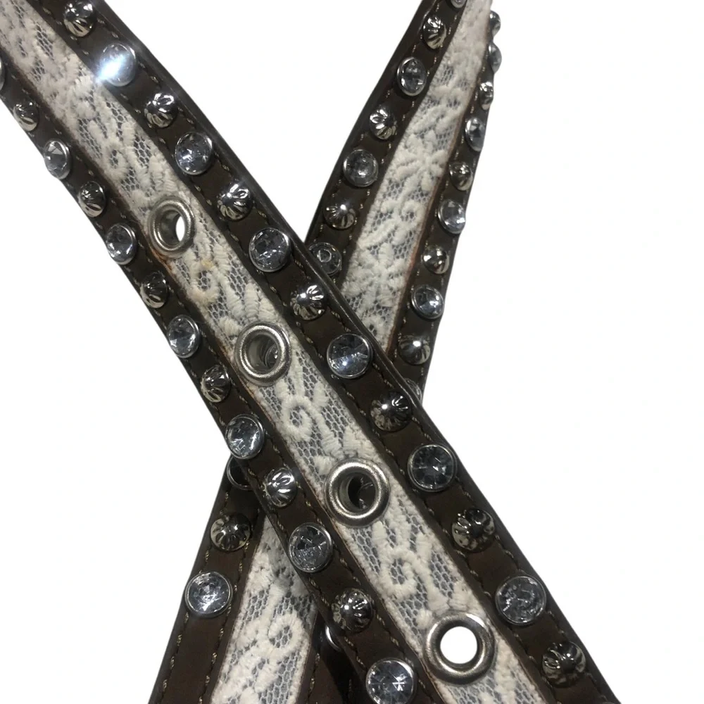 Angel Ranch White Lace Inlay Rhinestone Studded Leather Belt Boho Western Glam